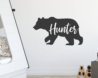 Bear Wall Decal Personalized Name Bear Silhouette with Custom Name Wall Decal Kids Nursery Scandinavian Black and White Wall Decals