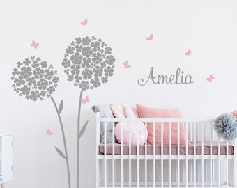 Nursery Wall Decals Kids Large Flowers with Butterflies and Name Wall Decals Tree With Butterflies Wall Decor Kids Girls