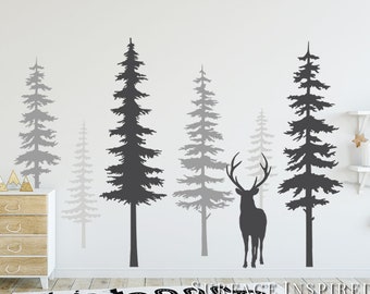 Wall Decals Nursery Trees Pine Tree Wall Decals With Large Deer Wall Decal Wall Mural Stickers Nursery Tree Art Nature Wall Decals