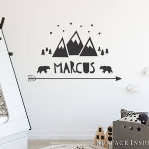 Wall Decals Nursery Kids Name Mountain With Name Wall Stickers Nursery Personalized Wall Sticker Arrow Stars Bears Trees Mountains Included