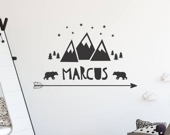 Name Wall Decal Kids Nursery Mountain With Name Wall Decals Nursery Personalized Wall Decal Arrow Stars Bears Trees Mountains Included