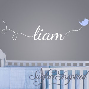 Nursery Wall Decals. Liam name decal with a flying bird decal. Custom made name wall decals for boys and girls rooms. - 1002