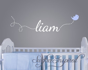 Nursery Wall Decals. Liam name decal with a flying bird decal. Custom made name wall decals for boys and girls rooms. - 1002