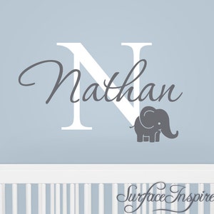 Name Wall Decals Nursery Kids - monogram wall decal with adorable elephant and personalized name.