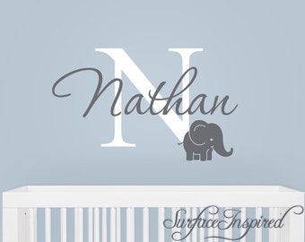 Name Wall Decals Nursery Kids - monogram wall decal with adorable elephant and personalized name.