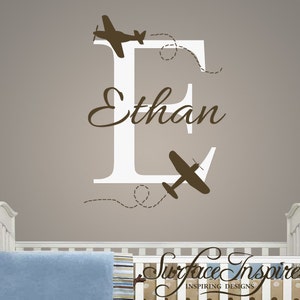 Nursery Wall Decal Ethan with airplanes name decal. Custom made airplane wall decals. 1005 image 1