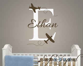 Nursery Wall Decal Ethan with airplanes name decal. Custom made airplane wall decals. 1005