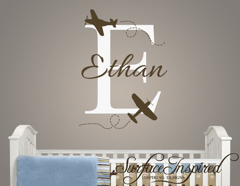 Nursery Wall Decal Ethan with airplanes name decal. Custom made airplane wall decals. 1005 image 1