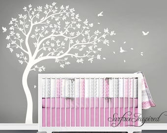 Nursery Wall Decals White Tree Wall Decal Large Tree wall decal Wall Mural Stickers Nursery Tree and Birds Wall Art Nature Wall Decals Decor
