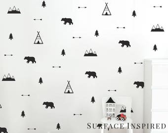 Wall Stickers Nursery Kids Woodland Bears, Arrow, Teepees, Trees and Mountains Nursery Wall Sticker Decor Stickers Wall Cut in Matte Vinyl!