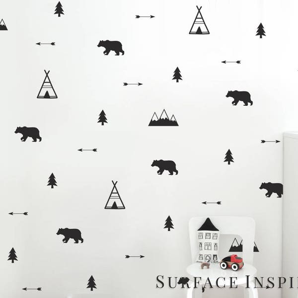 Wall Decals Woodland Bears, Arrow, Teepees, Trees and Mountains Nursery Wall Decal Decor Stickers Wall Cut in Matte Vinyl!