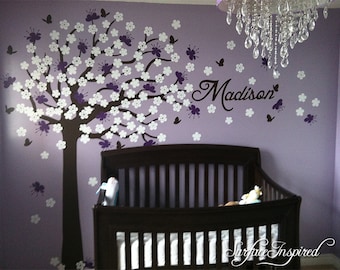 Nursery Wall Decal. Large cherry blossom tree wall decal for baby nursery. Name decal included. Choose any name you want! 1016