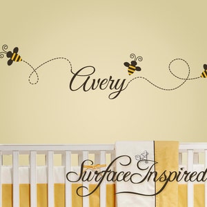 Nursery Wall Decals Buzzing bee wall decals with custom name. Bees and name wall decal included. 1101 image 1