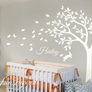 Nursery Wall Decals White Tree Wall Decal, Large Tree Decal for Nursery With Personalized Name Wall Decal image 1