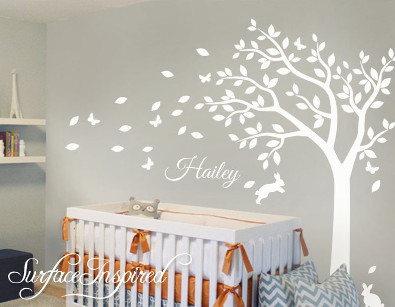 Nursery Wall Decals White Tree Wall Decal, Large Tree Decal for Nursery With Personalized Name Wall Decal image 1