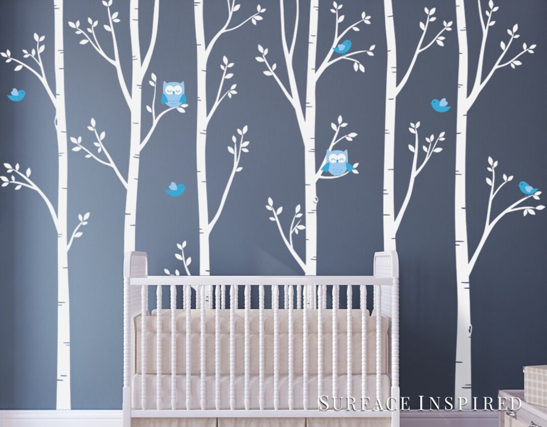 Wall Decal Kids Nursery Tree White Birch Trees With Owls Birds Wall ...