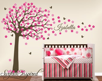 Nursery Wall Decals. Large cherry blossom tree wall decal with custom name and butterflies. Name and tree wall decal for baby nursery.