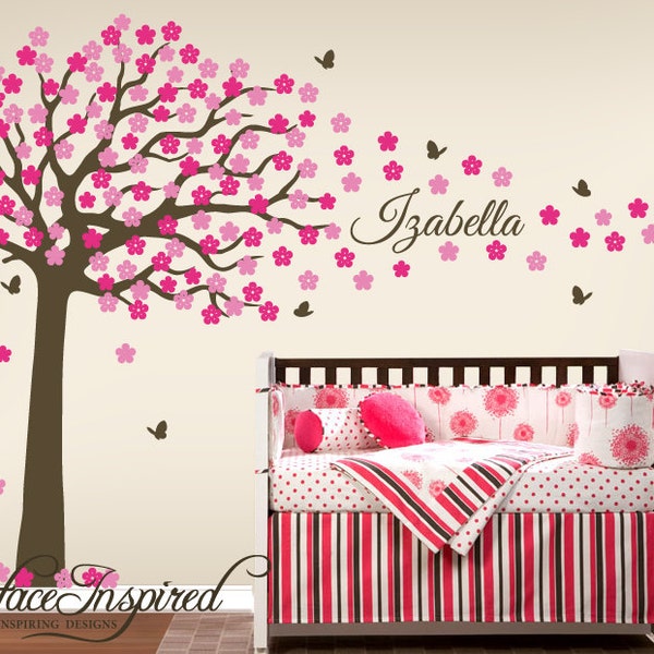 Nursery Wall Decals. Large cherry blossom tree wall decal with custom name and butterflies. Name and tree wall decal for baby nursery.