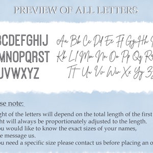 May include: A preview of all uppercase letters in a block font and lowercase letters in a cursive font. The text reads "PREVIEW OF ALL LETTERS" and includes the alphabet in both uppercase and lowercase. The text also includes "Please note:" followed by three bullet points with instructions about the size of the letters.