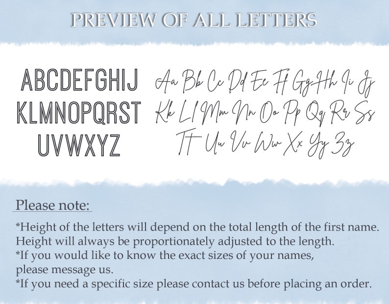 May include: A preview of all uppercase letters in a block font and lowercase letters in a cursive font. The text reads "PREVIEW OF ALL LETTERS" and includes the alphabet in both uppercase and lowercase. The text also includes "Please note:" followed by three bullet points with instructions about the size of the letters.