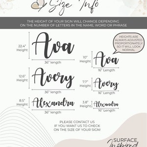 May include: A graphic showing the height and length of different names in various sizes. The names shown are Ava, Avery, and Alexandra. The text reads "Heights are always adjusted proportionally so it will look normal." and "Please contact us if you want us to check on the size of your sign!"