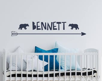 Wall Decal Kids Name With Bears and Arrow Wall Decals Nursery Personalized Name Wall Decal Scandinavian Arrow + Bears Included