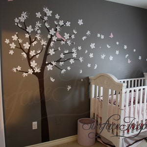 Nursery wall decals for boys or girls room. Large cherry blossom tree wall decal with birds and butterflies. Get custom colors at no charge image 1