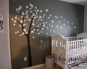 Wall Decal Nursery Tree - Contemporary Cherry Blossom Tree Wall Decal with Birds and Butterflies. Tree Wall Decals.