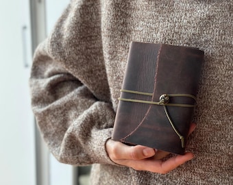 Handmade Leather Journal, Dark Brown Travel Book, Aged Paper