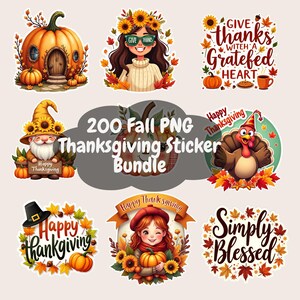 Peut inclure: Ensemble d'autocollants PNG sur le thème de l'automne. Les motifs incluent des citrouilles, des feuilles d'automne, des tournesols et les textes "Give Thanks" et "Happy Thanksgiving". Un lot de 200 autocollants est proposé.