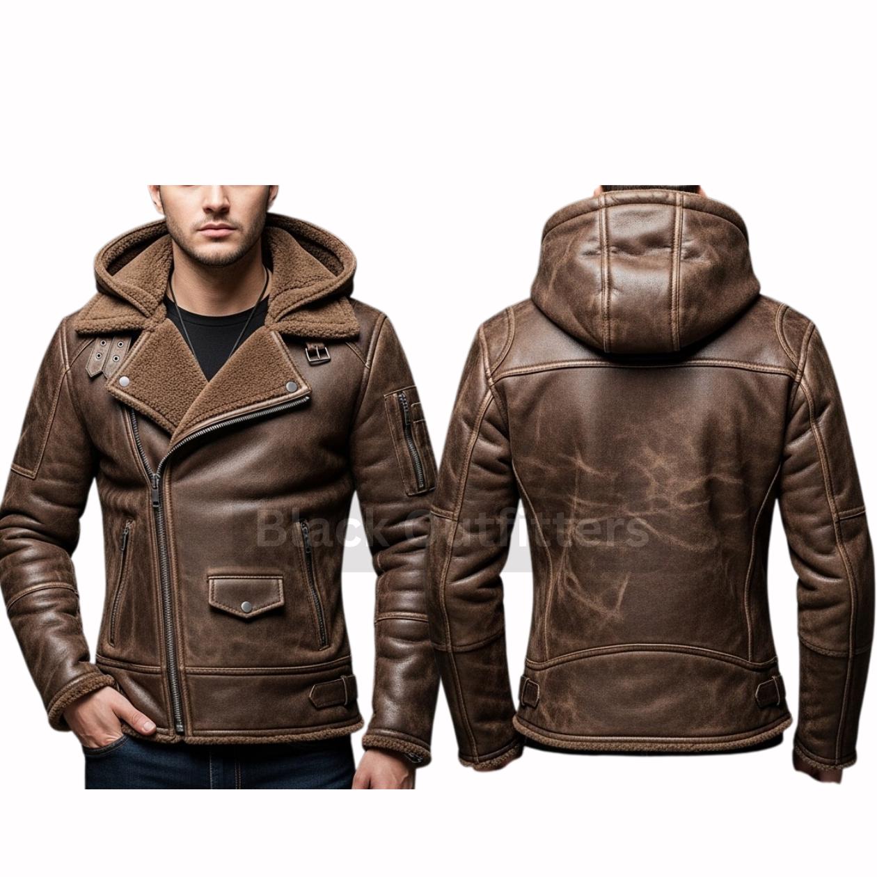 シアリングジャケット ブラウンレザー シアリングフード付きブラウンレザージャケット - 冬のストリート