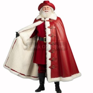 Luxury Santa Costume – Red Leather Cape with Fur Trim & Buckles