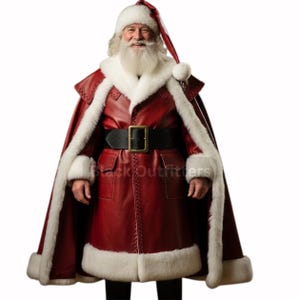 Christmas Costume Genuine Red Leather Santa Coat with Fur Cape