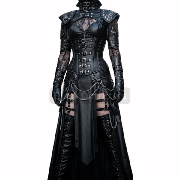 Gothic steampunk-cosplay-outfit – korsetjurk met gesp, kanten mouwen en kettingen