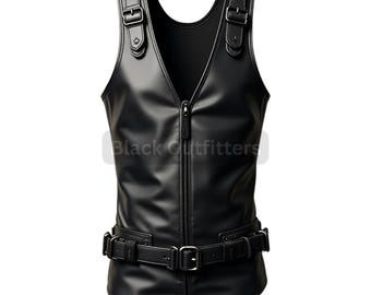 Men’s Black Leather Vest – Gothic Steampunk Sleeveless Jacket with Shoulder Buckles, Waist Belt & Zipper