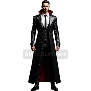 Gothic Black Leather Trench Coat: Red Lining, High Collar Overcoat