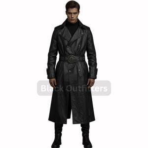 Gothic Genuine Leather Trench Coat: Full-Length Double-Breasted