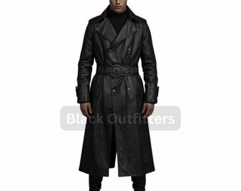 ブラックレザー トレンチコート ダブルブレスト ブラックレザートレンチコート - ダブルブレスト、光沢仕上げ、ベルト