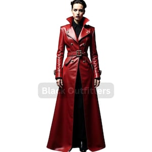Handmade Gothic Steampunk Red Leather Overcoat: Cosplay Trench Coat