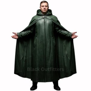 Medieval Forest Green Leather Cloak with Hood– Unisex Hooded Leather Cape with Zipper Front– Cosplay Green Cloak