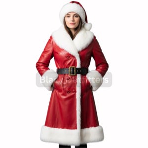 Red Leather Santa Coat: Faux Fur Trim, Belted Christmas Cosplay