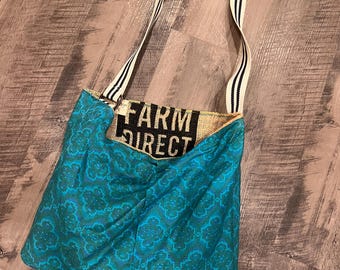 Farmer's market tote, potato sack interior, turquoise cotton print exterior, adjustable strap