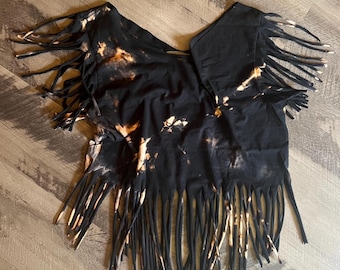 Black Fringe Graphic Tee | Reverse Tie Dye T-Shirt | Hand Cut Cotton Blend Top | One of a Kind Festival Clothes | Boho Edgy Streetwear