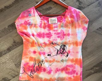 Cap Sleeve Graphic Tee | Hand Tie Dye Cotton Top | Lightweight Festival Blouse | One of a Kind Celestial Shirt | Boho Casual Summer Wear