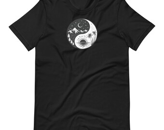 Yin Yang Sun Moon Tee | Celestial Harmony Graphic Top | Ocean Mountain Boho Shirt | Balance Spiritual Awakening Tee | Mystic Nature Top