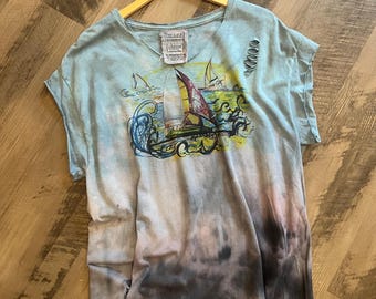 Sail Away Graphic Tee | Handcrafted One of a Kind Top | Nautical Boho Summer Shirt | Celestial Sailing Vintage Top | Coastal Festival Wear