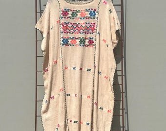 Vintage South American Huipil Dress | Handmade Embroidered Kaftan | Authentic Maya Ethnic Boho Gown | One of a Kind Folk Art Textile Dress