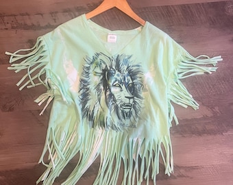 Lion Art Fringe T-Shirt | Handcrafted One of a Kind Top | Upcycled Cotton Festival Tee | Graphic Lion Wearable Art | Boho Gypsy Streetwear