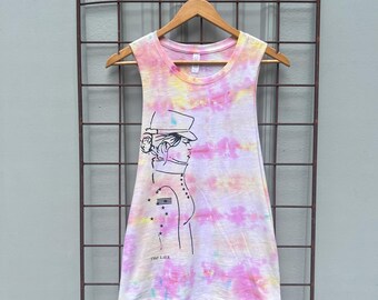 Screen Printed Graphic Tank | Hand Cut, Tie Dyed | Original Illustration Boho Top | Celestial Festival Muscle Tee | Unique Art Wear