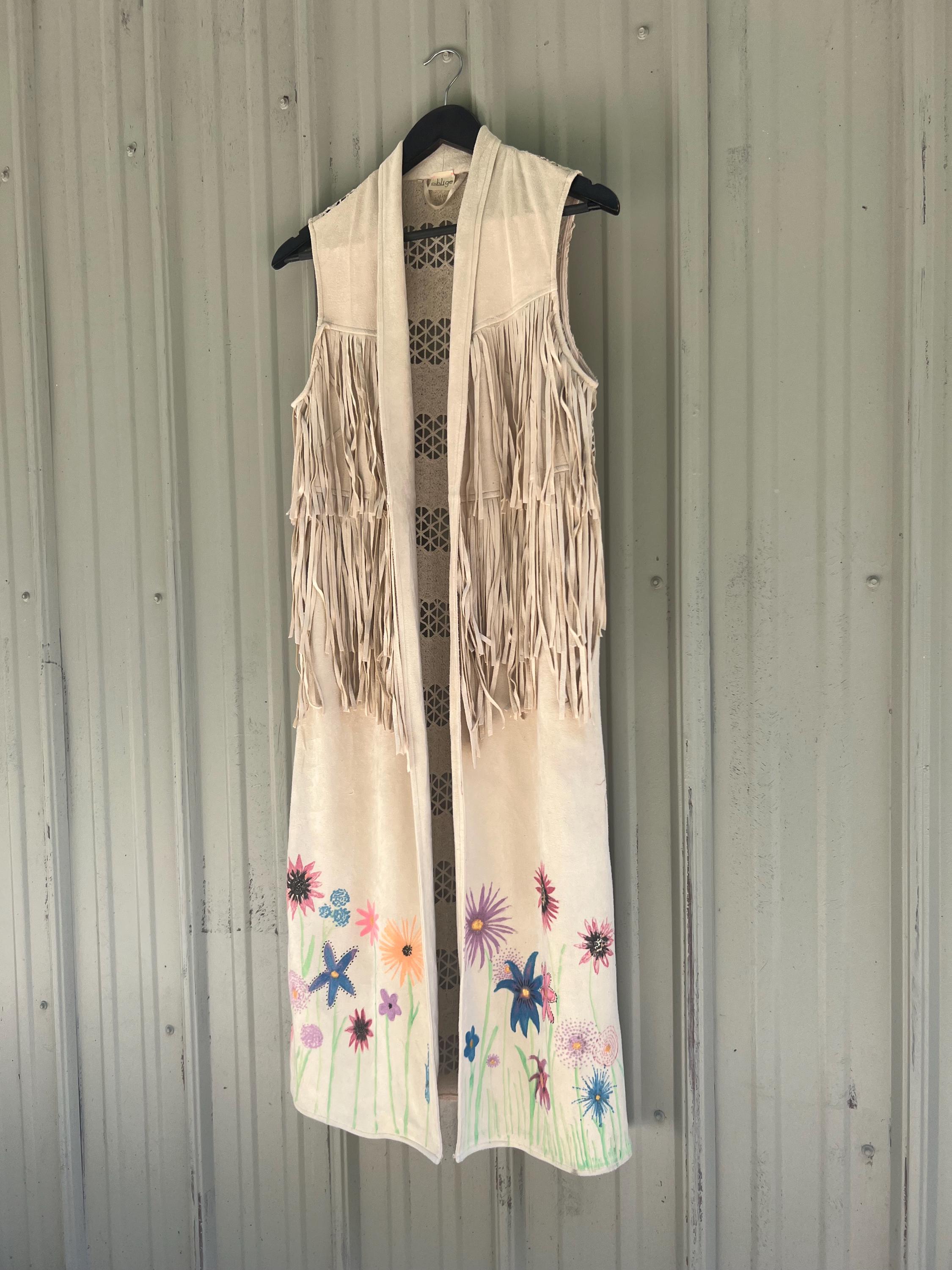 【Acka】fringe flower long vest ACKA fringe flower long vest